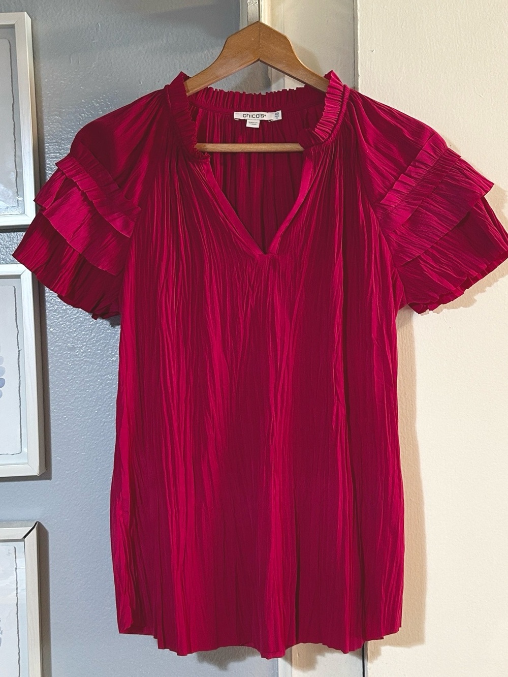 Chico's Deep Fuchsia Pleated V-Neck Ruffle Sleeve Blouse Chico’s 0.5 = US Size 6